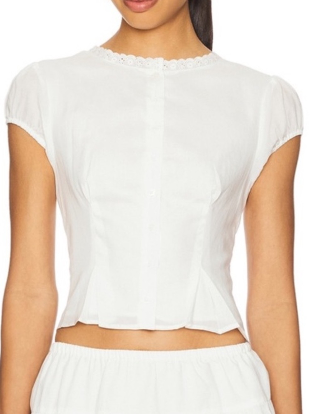 Elodie White Lace-Trim Cap Sleeve Crop Blouse